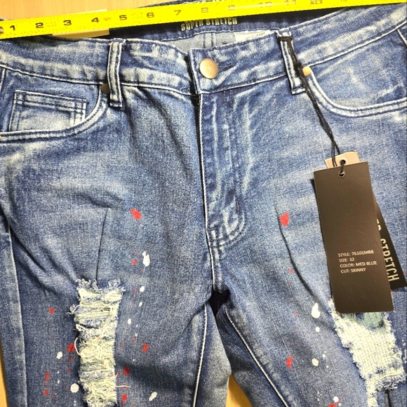 Hustle Jeans Distressed Slim Skinny Super Stretch Premium Denim Med Blue - Picture 4 of 9